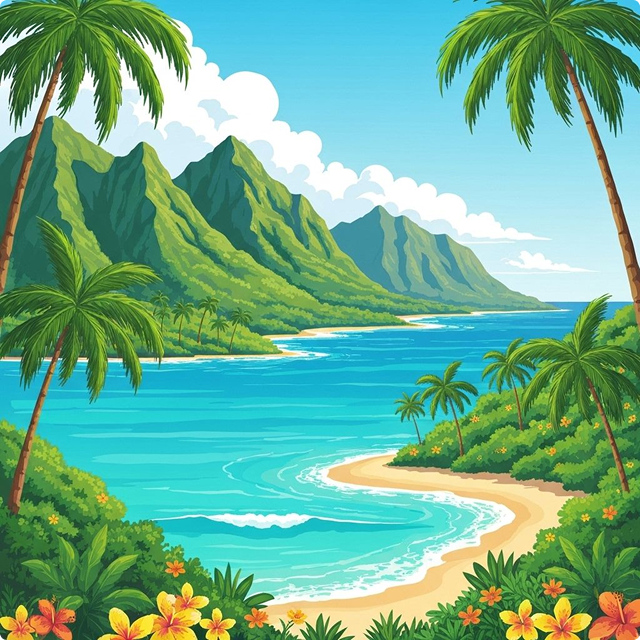 Hawaiian tropical landscape with mountains and ocean